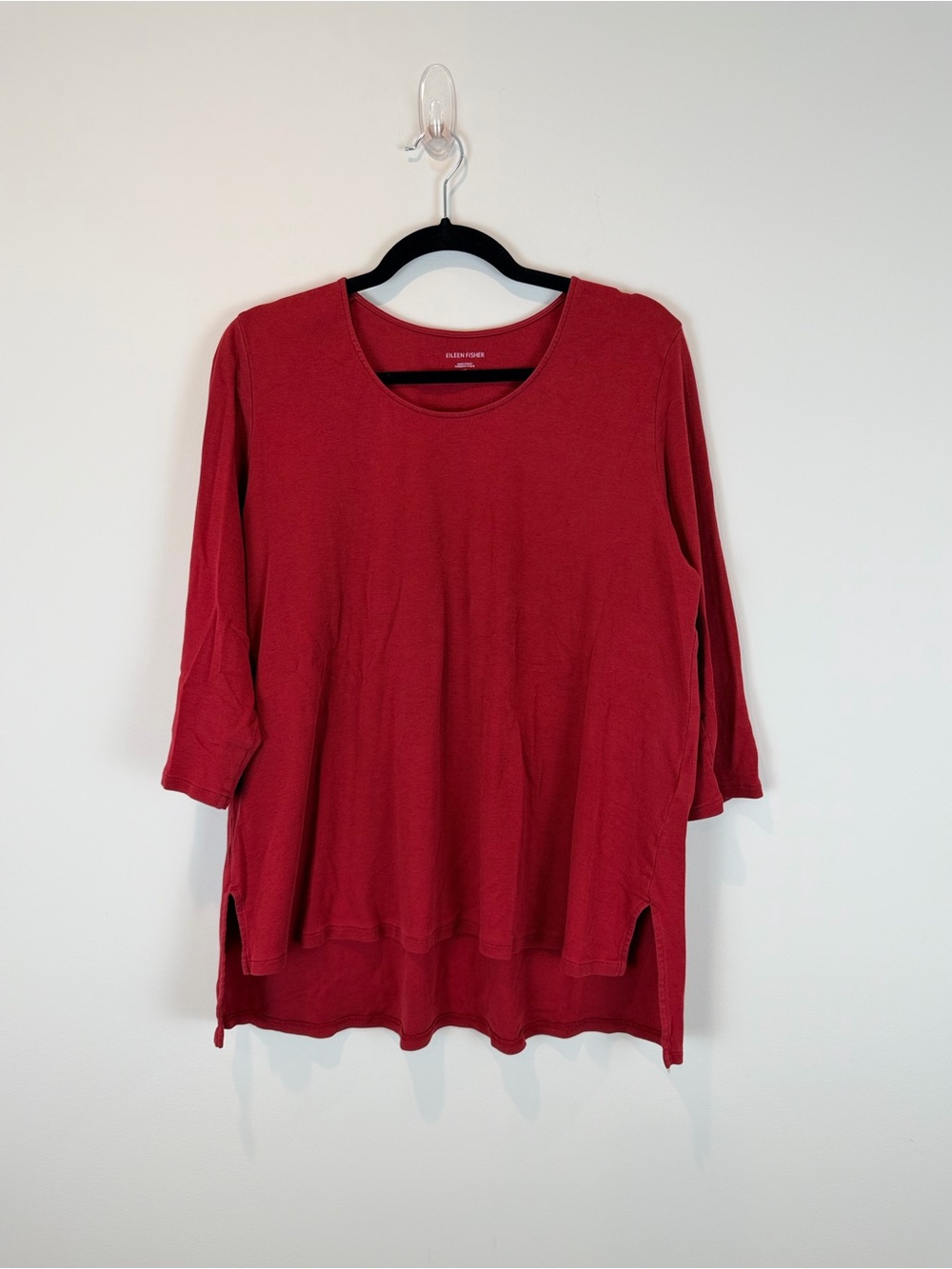 Eileen Fisher Deep Red Relaxed Scoop Neck 3/4 Sleeve Top Size Large